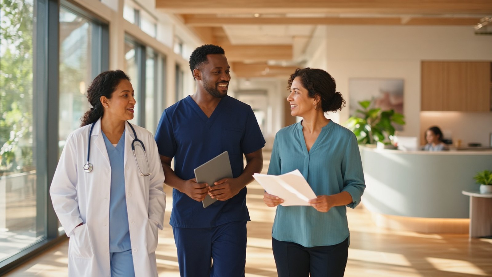 A physician, a clinician, and a practice lead walking a bright clinic together